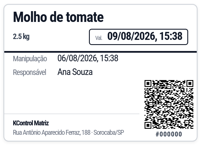 Etiqueta sanitária real impressa pelo KControl: produto, validade, responsável e QR Code